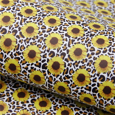 Sunflowers on Leopard Litchi Printed Faux Leather Sheet Litchi has a pebble like feel with bright colors