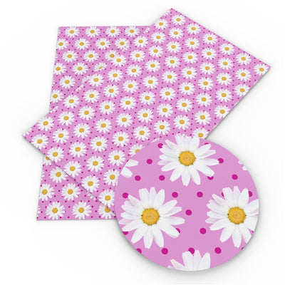 Daisy Flowers Litchi Printed Faux Leather Sheet Litchi has a pebble like feel with bright colors