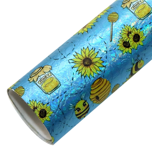 Sunflowers and Bees Holographic Printed Faux Leather Print Sheet
