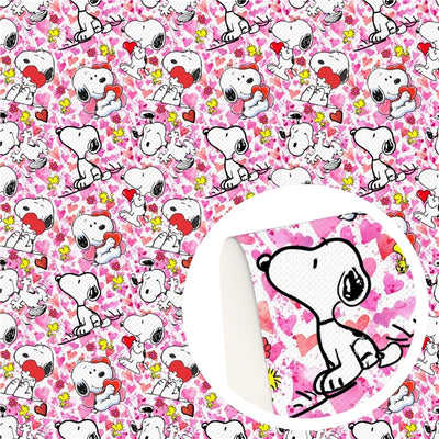 Charlie Brown and Snoopy Valentine Litchi Printed Faux Leather Sheet Litchi has a pebble like feel with bright colors