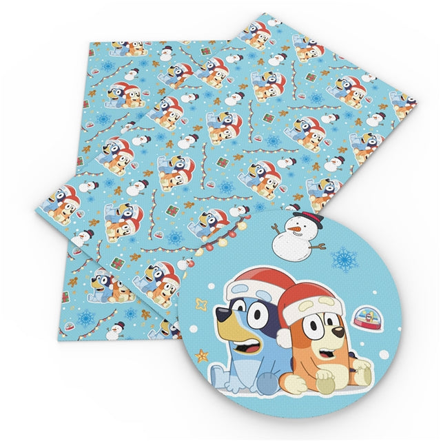 Blue Dog Cartoon Christmas Litchi Printed Faux Leather Sheet