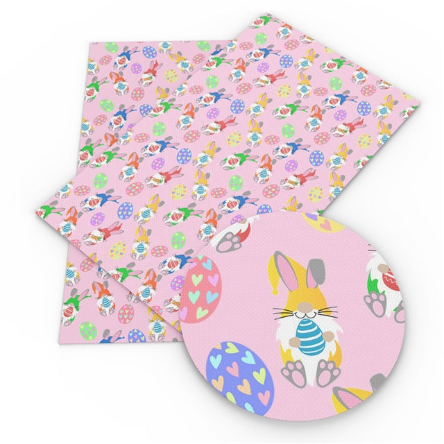 Easter Rabbit Gnomes and Eggs Litchi Printed Faux Leather Sheet Litchi has a pebble like feel with bright colors