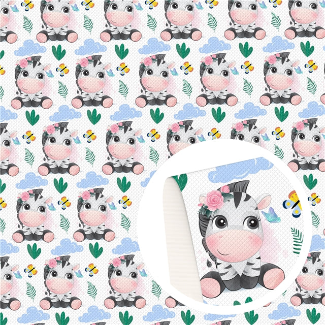 Cute Zebras Litchi Printed Faux Leather Sheet Litchi has a pebble like feel with bright colors