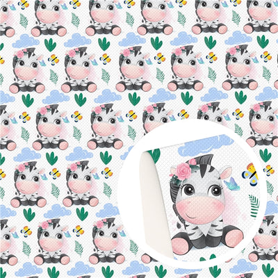 Cute Zebras Litchi Printed Faux Leather Sheet Litchi has a pebble like feel with bright colors