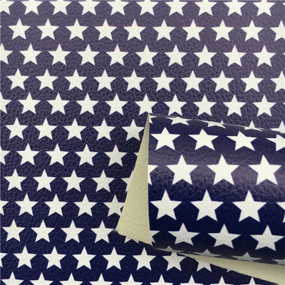 White Stars on Blue Litchi Printed Faux Leather Sheet