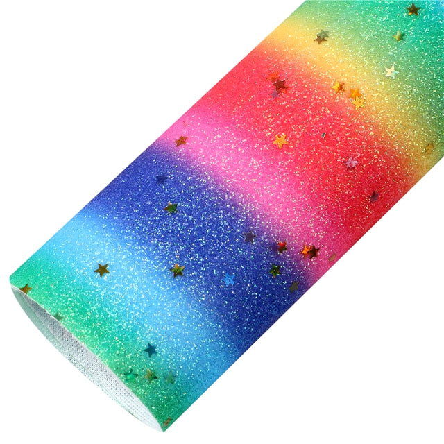 Rainbow Fine Glitter with Stars Printed Faux Leather Print Sheet