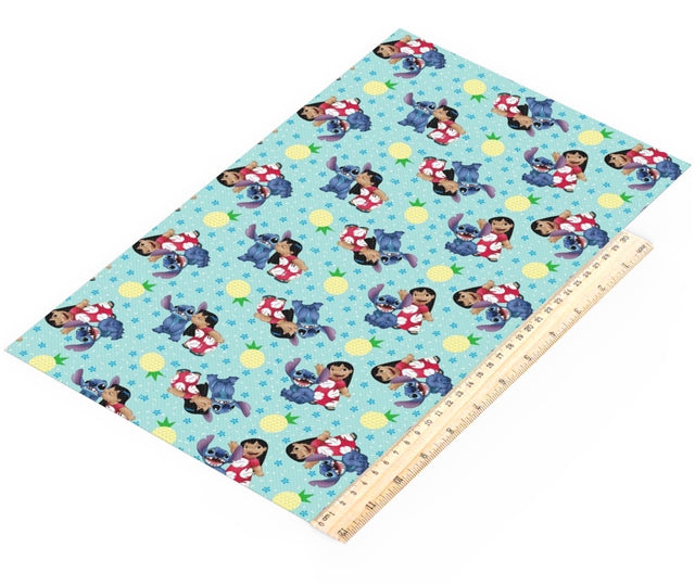 Stitch and Lilo Printed Faux Leather Sheet Litchi has a pebble like feel with bright colors