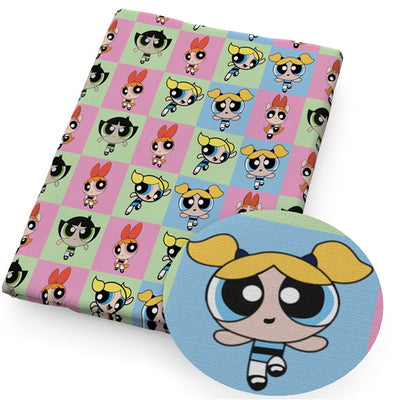 Powerpuff Girls Litchi Printed Faux Leather Sheet Litchi has a pebble like feel with bright colors