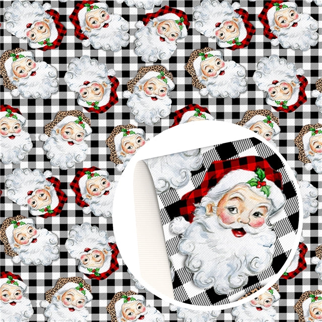 Christmas Santa Black and White Plaid Litchi Printed Faux Leather Sheet Litchi has a pebble like feel with bright colors