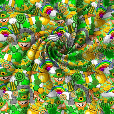 St Patrick’s Day Leprechaun and Rainbows Bullet Textured Liverpool Fabric