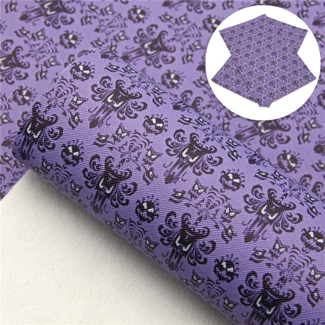 Haunted Mansion Purple Halloween Litchi Printed Faux Leather Sheet