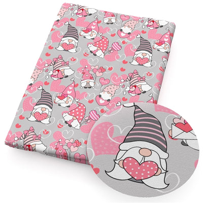 Gnomes Hearts Valentines Litchi Printed Faux Leather Sheet Litchi has a pebble like feel with bright colors