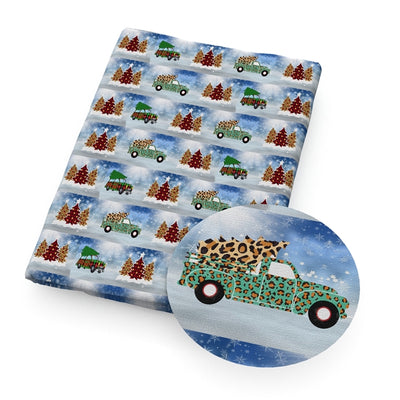 Christmas Trucks with Buffalo Plaid and Leopard Bullet Textured Liverpool Fabric