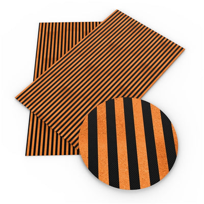 Halloween Stripes Orange and Black Litchi Printed Faux Leather Sheet