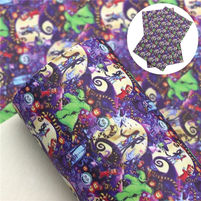 Nightmare Before Christmas Halloween  Litchi Printed Faux Leather Sheet Litchi has a pebble like feel with bright colors