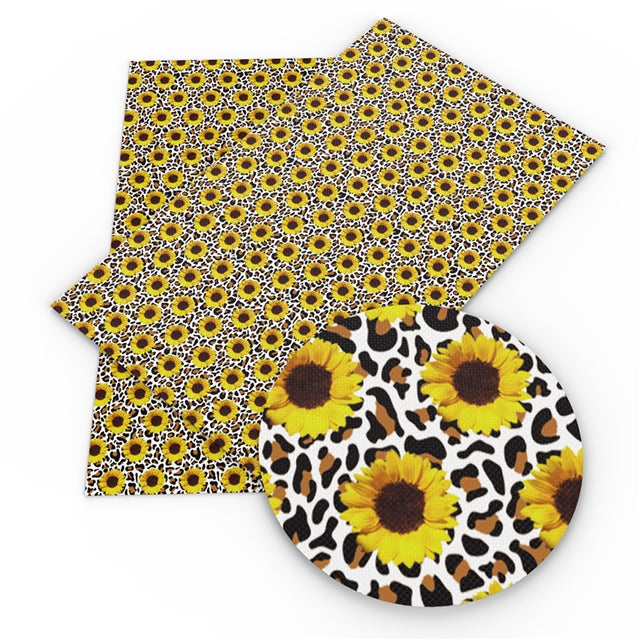 Sunflowers on Leopard Smooth Printed Faux Leather Sheet