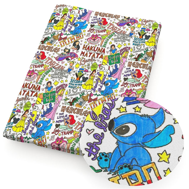 Blue Alien and Characters Litchi Printed Faux Leather Sheet Litchi has a pebble like feel with bright colors