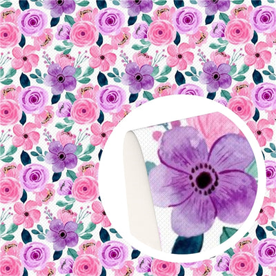 Pink and Purple Flowers Litchi Printed Faux Leather Sheet Litchi has a pebble like feel with bright colors