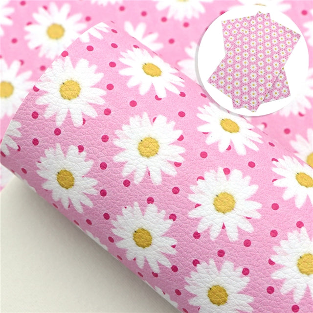 Daisy Flowers Litchi Printed Faux Leather Sheet Litchi has a pebble like feel with bright colors