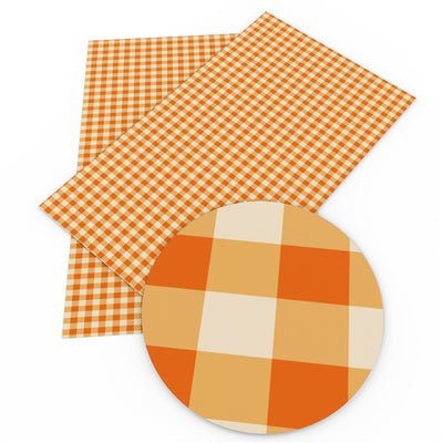 Orange and White Plaid Litchi Printed Faux Leather Sheet