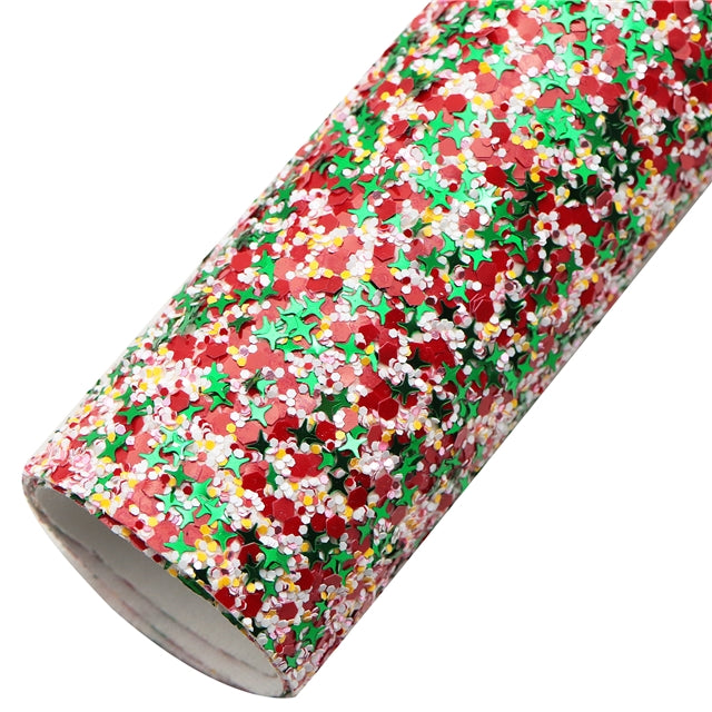 Christmas Red, Pink and Green Chunky Glitter Printed Faux Leather Print Sheet