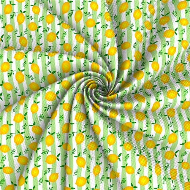 Lemons on Green and White Stripes  Fruit Print Bullet Textured Liverpool Fabric