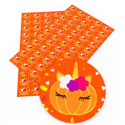 Halloween Pumpkins Litchi Printed Faux Leather Sheet Litchi has a pebble like feel with bright colors