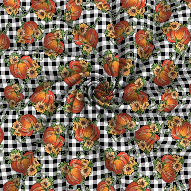 Pumpkins Sunflowers Fall Plaid Printed Bullet Textured Liverpool Fabric