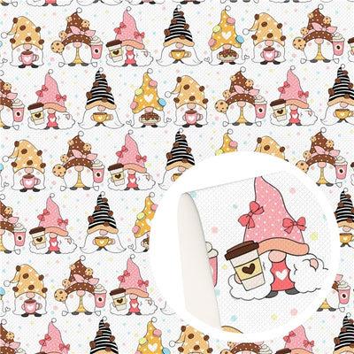 Coffee and Cake Gnomes Litchi Printed Faux Leather Sheet Litchi has a pebble like feel with bright colors