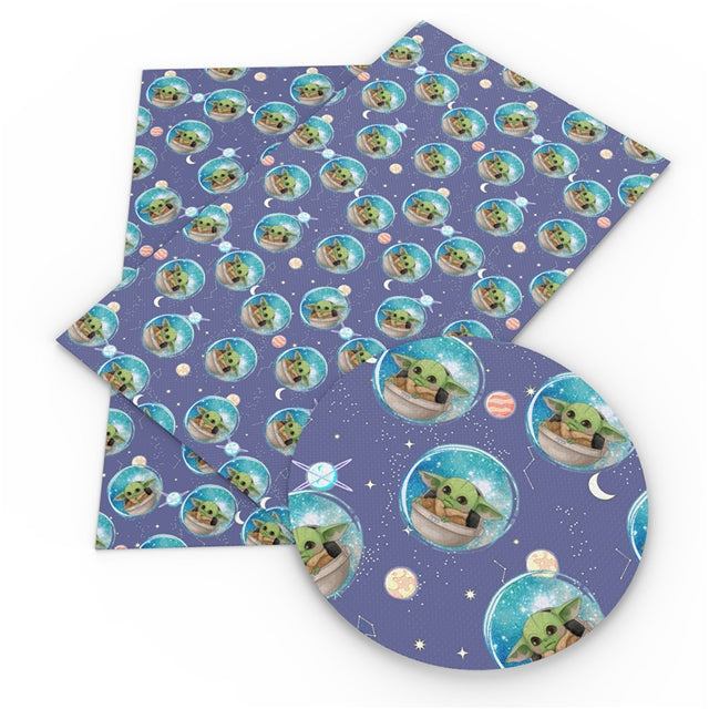 Baby Yoda Litchi Printed Faux Leather Sheet Litchi has a pebble like feel with bright colors
