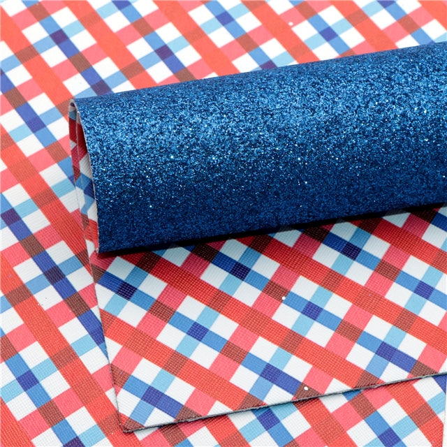 Red, White and Blue Plaid Glitter Double Sided Pattern Printed Faux Leather Sheet