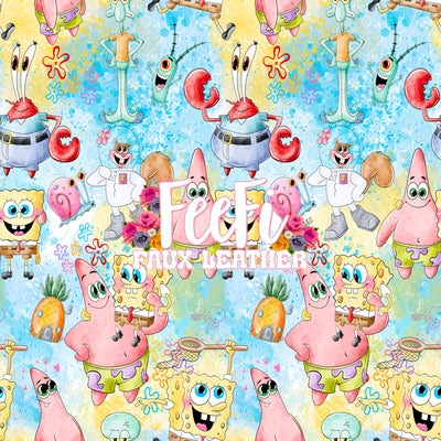 Sponge Bob Litchi Printed Faux Leather Sheet Litchi has a pebble like feel with bright colors