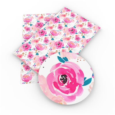 Pink Roses Litchi Printed Faux Leather Sheet Litchi has a pebble like feel with bright colors