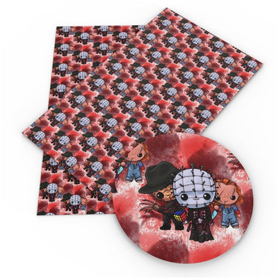 Freddy Krueger, Jason and Chucky Halloween Litchi Printed Faux Leather Sheet Litchi has a pebble like feel with bright colors
