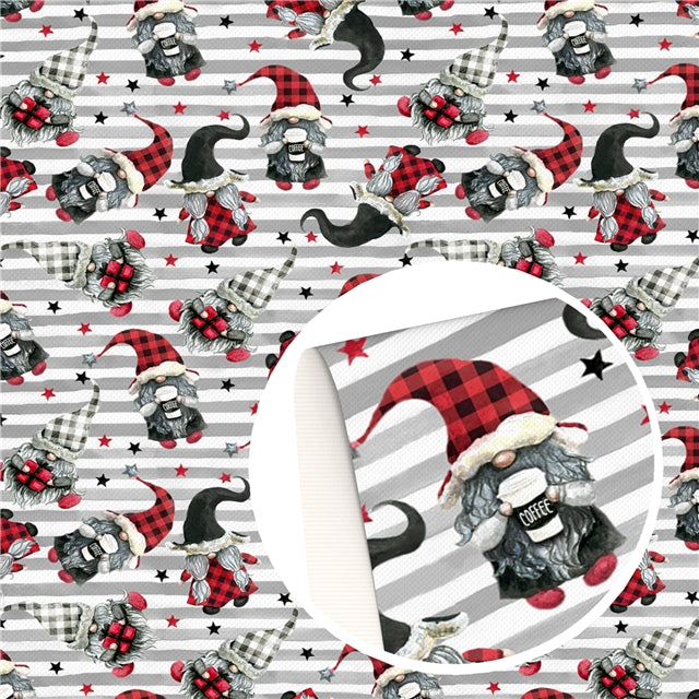 Christmas Gnomes Litchi Printed Faux Leather Sheet Litchi has a pebble like feel with bright colors