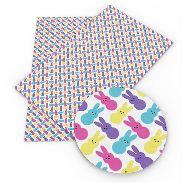 Easter Peeps Rabbits Litchi Printed Faux Leather Sheet Litchi has a pebble like feel with bright colors