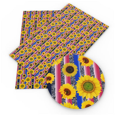 Sunflowers and Stripes Litchi Printed Faux Leather Sheet