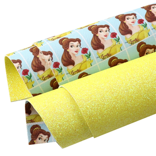 Princess Belle Beauty and the Beast Glitter Double Sided Pattern Faux Leather Sheet