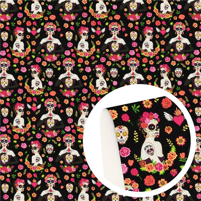 Sugar Skull Girl Litchi Printed Faux Leather Print Sheet