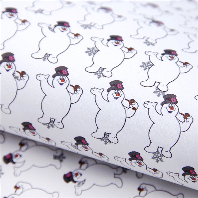 Snowman Christmas Litchi Printed Faux Leather Sheet Litchi has a pebble like feel with bright colors