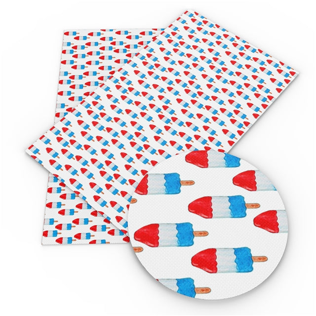 Red, White and Blue Popsicles Printed Faux Leather Sheet Litchi has a pebble like feel with bright colors