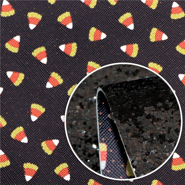 Candy Corn Halloween Glitter Double Sided Pattern Faux Leather Sheet