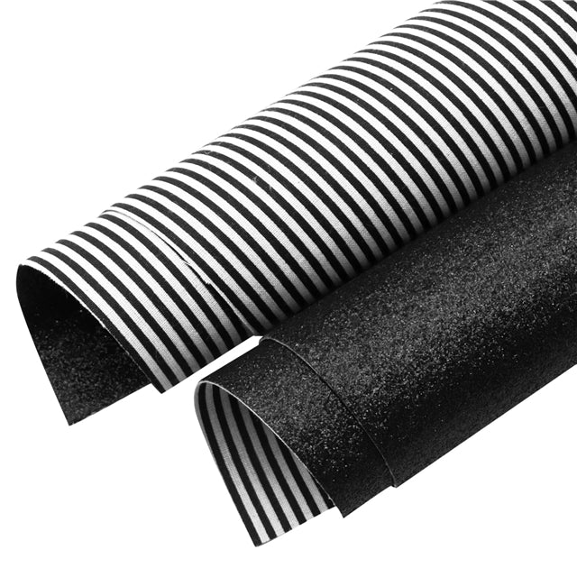 Black and White Stripes Glitter Double Sided Pattern Faux Leather Sheet