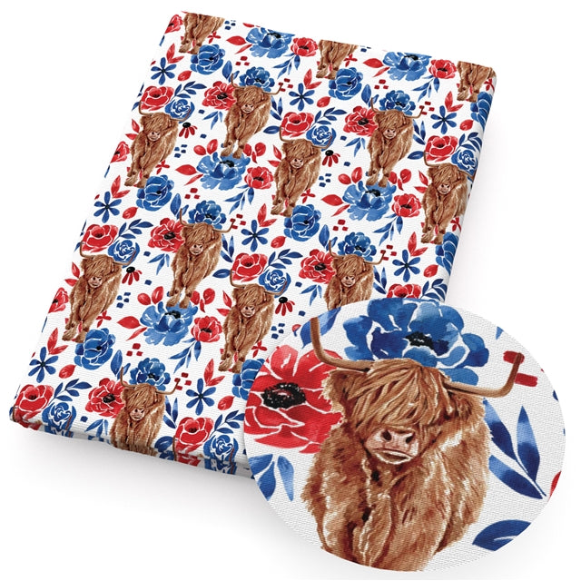 4th of July Red, White and Blue Litchi Buffalo  Printed Faux Leather Print Sheet