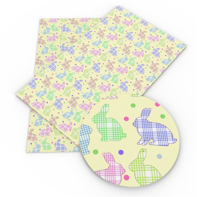 Easter Rabbits Litchi Printed Faux Leather Sheet Litchi has a pebble like feel with bright colors