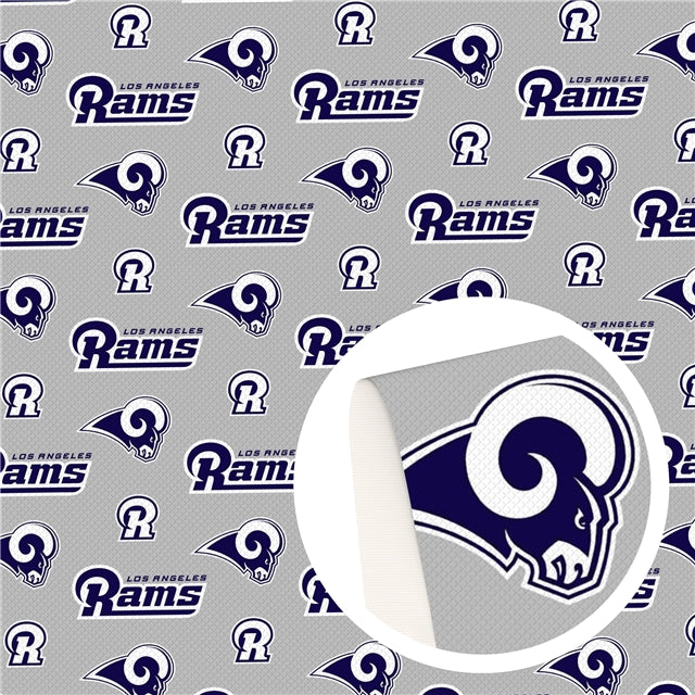Rams Football Litchi Printed Faux Leather Sheet Litchi has a pebble like feel with bright colors