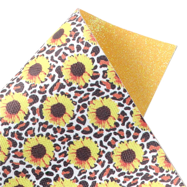Sunflower Leopard Yellow Glitter Double Sided Printed Faux Leather Sheet