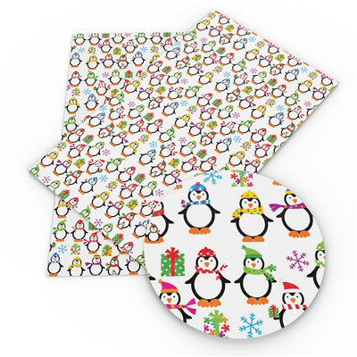 Christmas Penguins Litchi Printed Faux Leather Sheet Litchi has a pebble like feel with bright colors