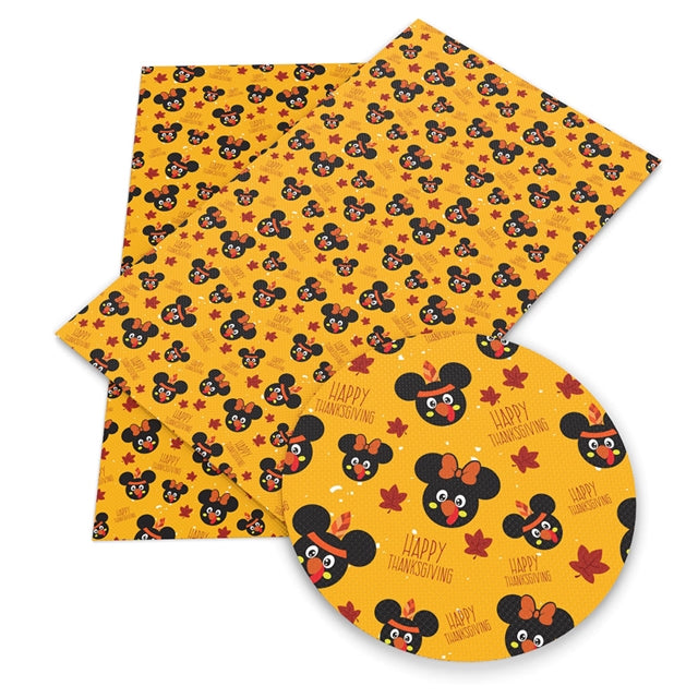 Mouse Thanksgiving Turkey Litchi Printed Faux Leather Sheet