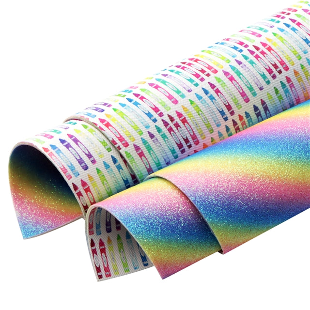 Crayons Back to School Glitter Double Sided Pattern Faux Leather Sheet